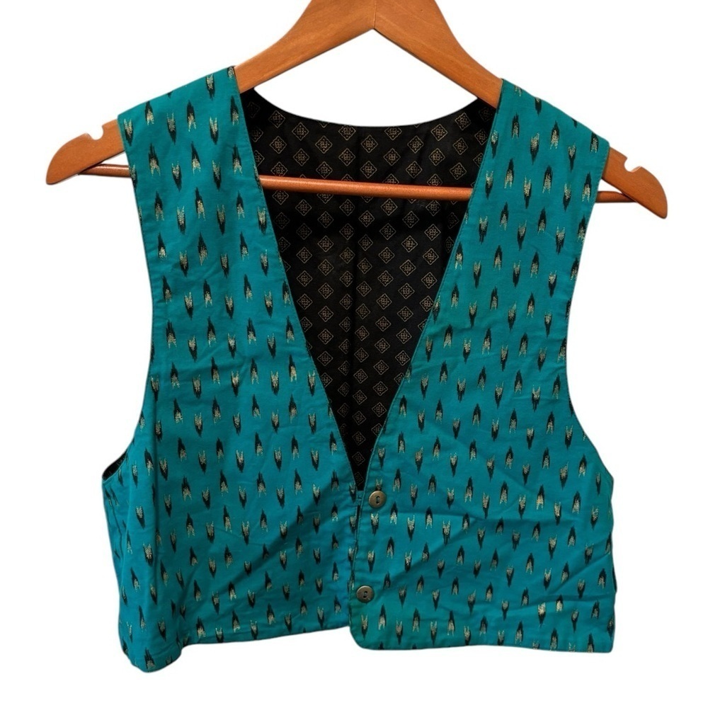 VTG Handmade Reversible Printed 2 Button Cotton Vest M Teal Black Gold Vintage